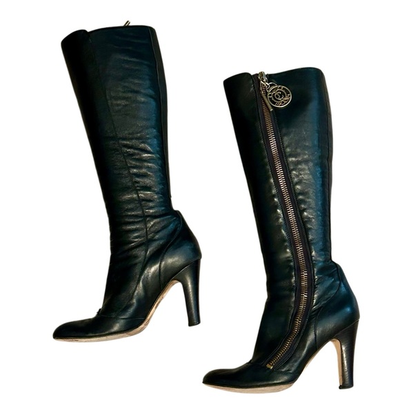 Juicy Couture Y2K 70s Italy Tall Knee Boot Black Exposed Leather Retro Heel 6 - Picture 1 of 16